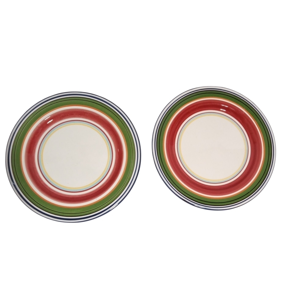 Pottery Barn Red Green Rim Dinner Plates Festive Farmhouse Tableware